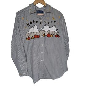 Karen Scott Halloween Embroidered Ghost Pumpkin Striped Button Down Shirt Navy